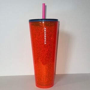 Starbucks Summer 2023 Neon Orange Bubbles Cold Cup Blue Lid Pink Straw Tumbler